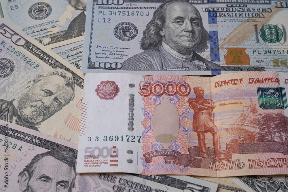 Russian ruble against us dollars, banknotes close-up