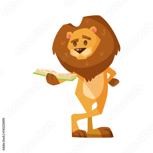 Cute lion cartoon character reading vector illustration. Drawing of smart comic animal standing and holding book isolated on white background. Library, wildlife concept