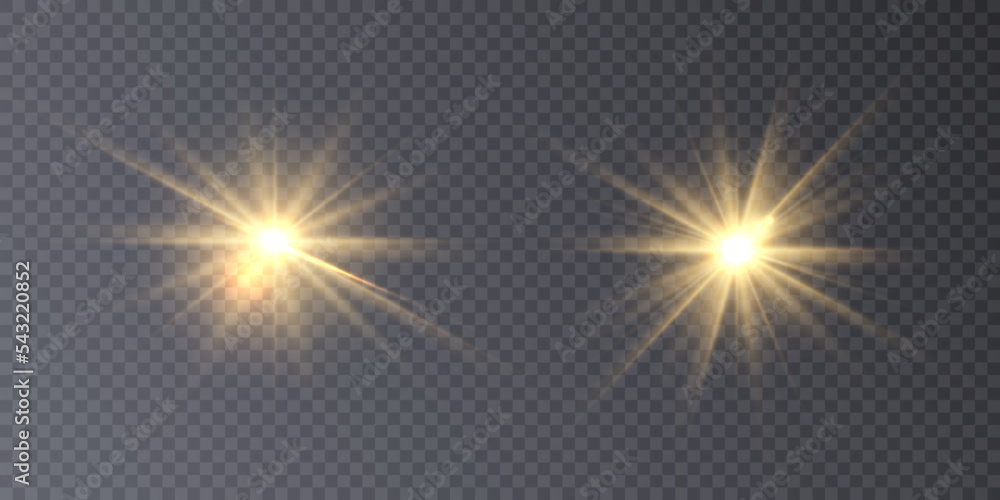 Golden flashes of light and glare. Laser beams of light. Beautiful light flashes. Glowing stripes on a transparent background. New star. Sun. Editable vector.