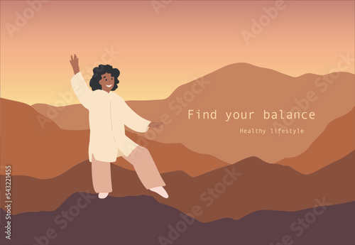 Wellness and mental health, flat vector illustration. Find your balance, wallpaper and background in earth tones. Sport healthy life concept. 
Website design template. Woman in pose of qigong, tai chi