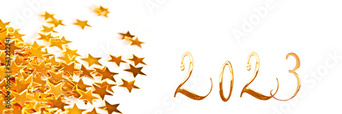 Golden numbers 2023 with christmas table star ornaments on white panoramic background, new year web banner