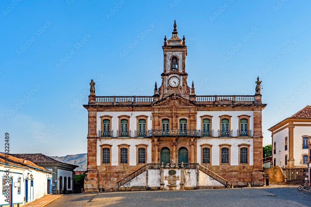 Central square of the historic city of Ouro Preto with its baroque buildings from the imperial period and cobblestones