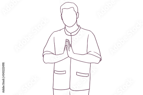 male tourist guide showing greeting gesture hand drawn style vector illustration