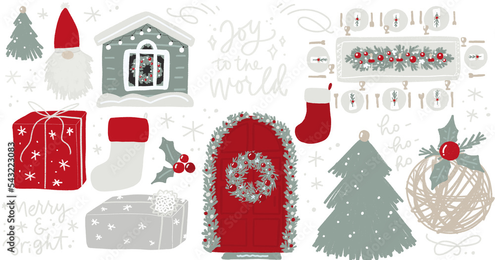 Christmas clipart and quotes set in red and green colors. Winter holiday decorated house, door, stocking socks, twig ornament, gnome in Santa hat, gift box and table setting isolated images. 
