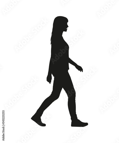 Silhouette of young woman walking side view vector illustration.