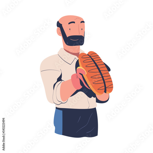 Bearded Man Baker Holding Freshly Baked Bread with Potholder Vector Illustration