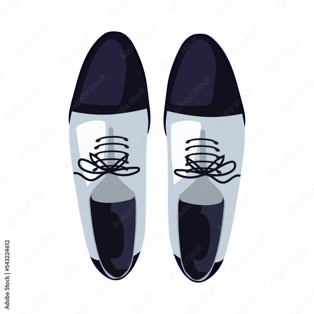 Top view of male black and white shoes flat vector illustration. Comfortable pair of business shoes on white background. Footwear, fashion concept Top view of male black and white shoes flat vector illustration. Comfortable pair of business shoes on white background. Footwear, fashion concept