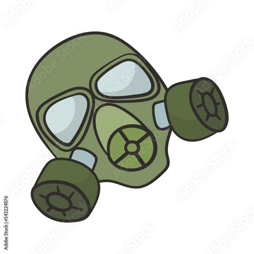 Green gas mask doodle cartoon illustration. Gas mask for respiratory protection. Army, weapon concept