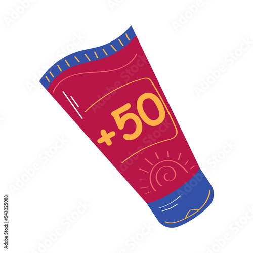 Sunscreen cream in red tube with temperature label against sunburn vector illustration. Sun safety and cartoon drawing sunscreen on white background. Summer, vacation, health, protection concept