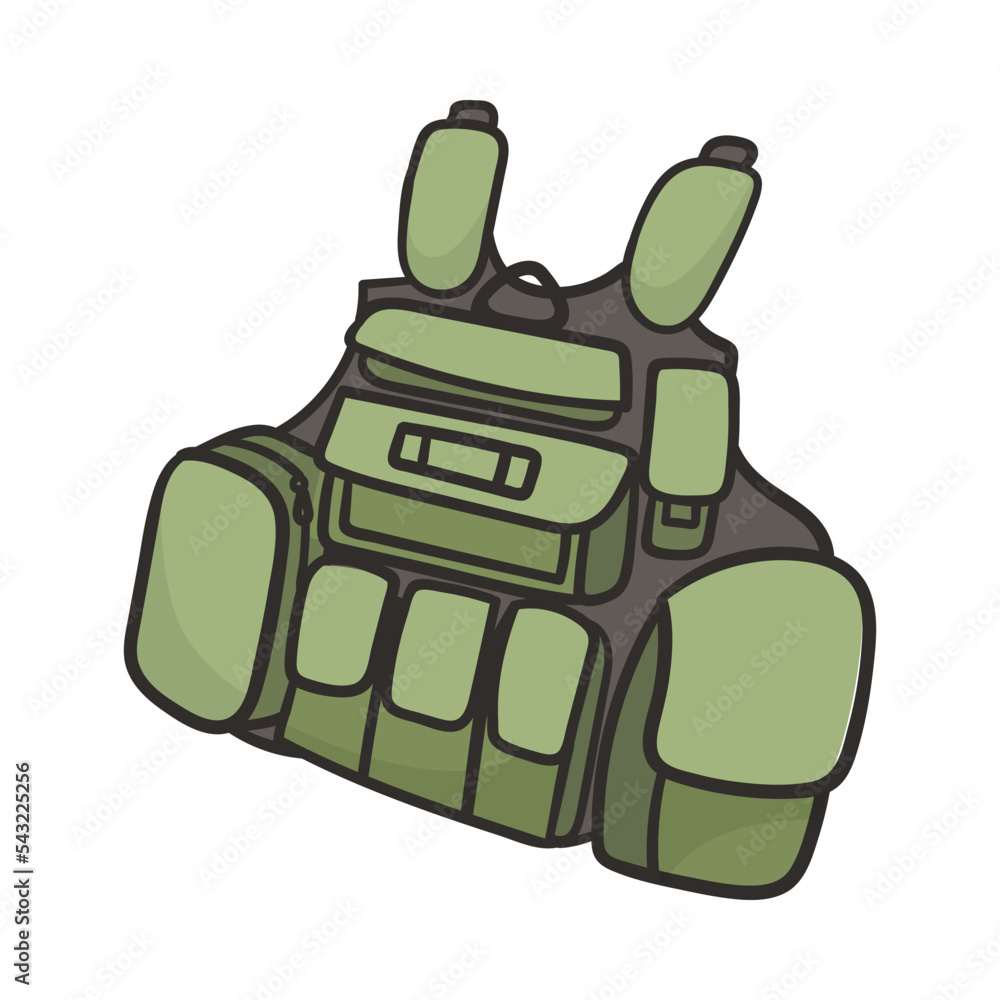 Green bulletproof vest doodle cartoon illustration. Military armor or