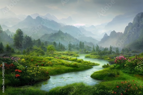 Fotografie, Obraz Garden of Eden untouched nature landscape with mountains and a river