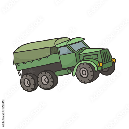 Green military truck doodle cartoon illustration. Truck, war engine or military vehicle. Army, weapon concept