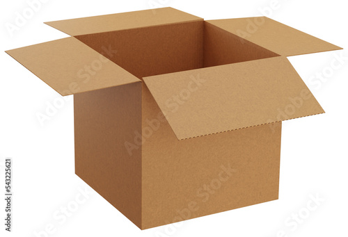 Open cardboard box 3D rendering. Packaging box icon.