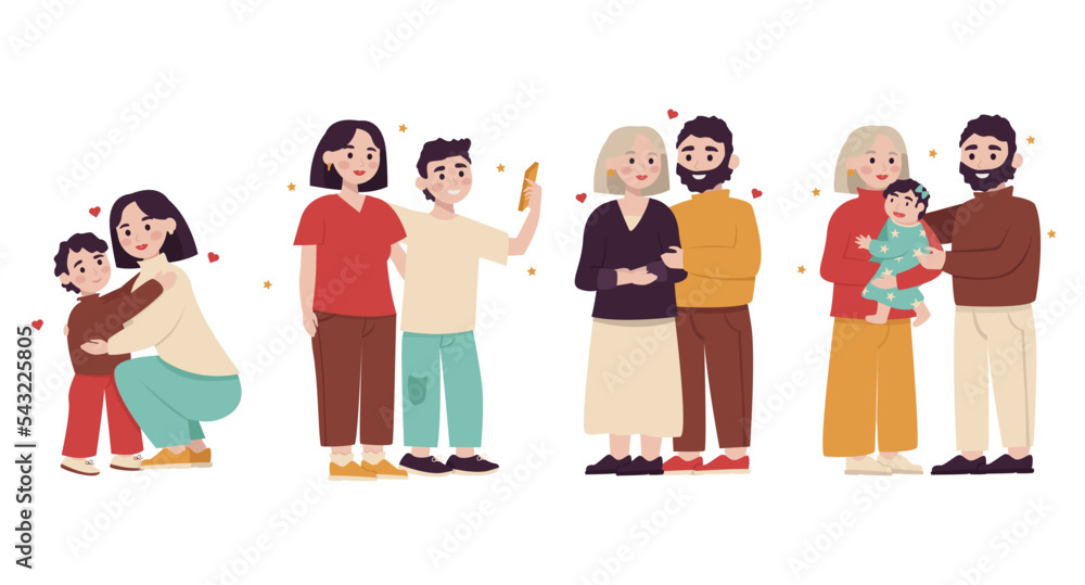 Pregnant mother with a schoolchild, a mother with a teenager, a mother with a young, a mother with an adult son and granddaughter. Vector graphic.	