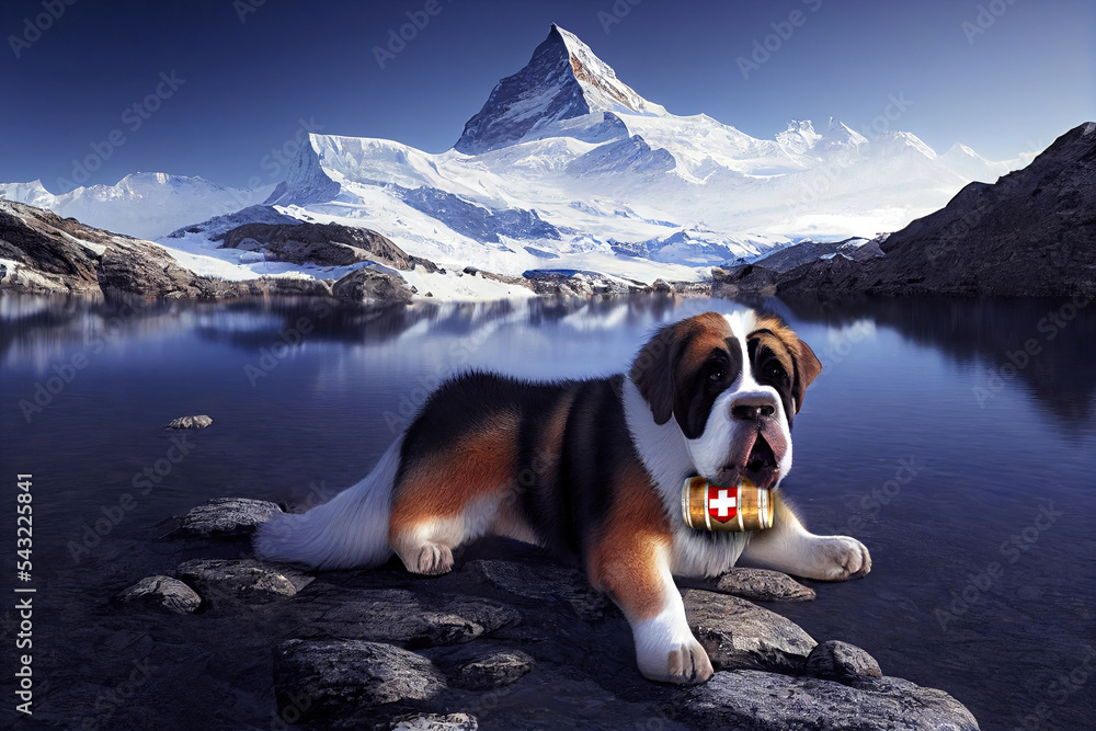 Saint Bernard rescue dog with a keg of brandy in a Swiss lake with Matterhorn Peak. Mount Cervin of Swiss Alps reflected in water by snowy mountains of Switzerland. 3D rendering.