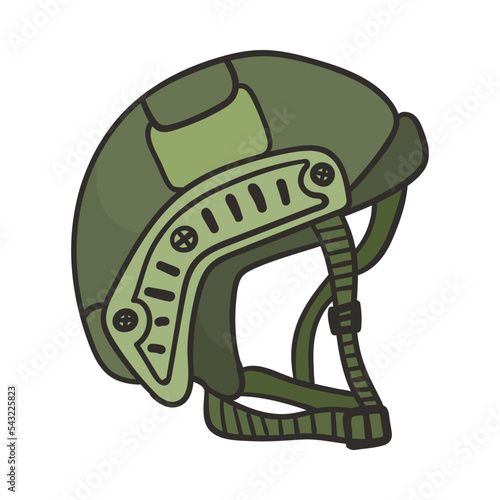 Green military helmet doodle cartoon illustration. Combat helmet or armor. Army, weapon concept