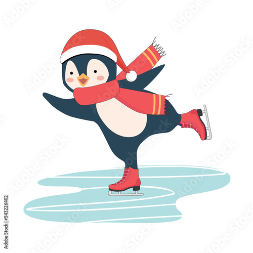 Cute penguin cartoon ice skates on skating with Santa Claus hat and scarf