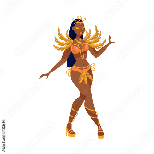 Beautiful samba dancer in orange costume cartoon illustration. Girl in carnival costume dancing on parade in Rio, Brazil. Female on white background. Hobby, party, entertainment concept