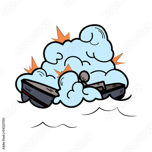 Comic book of warship ruined in battle cartoon illustration. Ship in cloud of smoke on water, boat fighting or exploding in sea. Military action, explosion concept