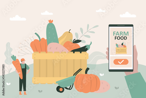 Farmer selling fresh harvest, wooden box full of different fruits and vegetables. Technology online ordering fresh ecological products. Agricultural, eco food. Mobile app for buying farm food.