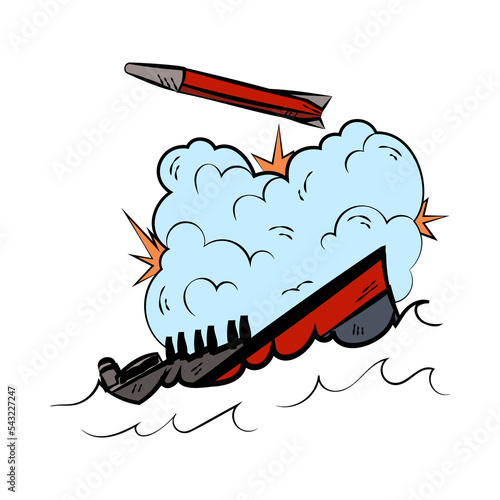 Comic book of ship attacked by missiles cartoon illustration. Warship or boat fighting in sea, exploding bombs. Military action, explosion concept