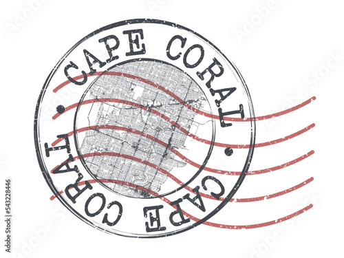 Cape Coral, FL, USA Stamp Map Postal. Silhouette Seal Roads and Streets. Passport Round Design. Vector Icon. Design Retro Travel National Symbol.