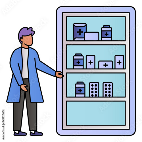 Pharmacist working in a drugstore Concept, pharmacy shelves Vector Color Icon Design, Medical and Healthcare Scene Symbol, Diseases Diagnostics Sign, Doctors and Patients Characters Stock Illustration
