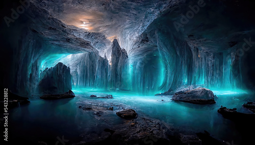 AI generated image of the inside of a glacial ice cave somewhere in Iceland 