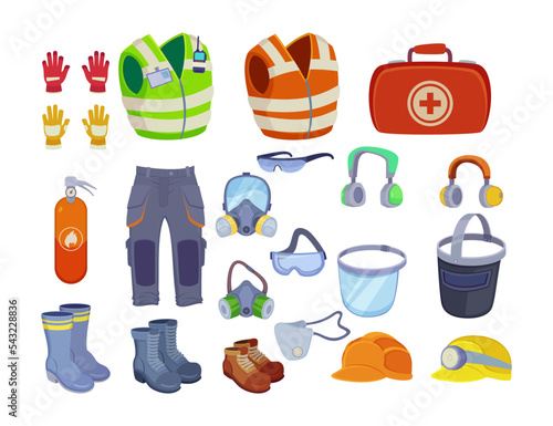 Safety clothes and equipment vector illustrations set. Collection of drawings of clothing and accessories for industrial work isolated on white background. Prevention, protection, safety concept