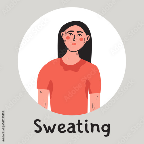 Hiperhidrosis sweating. Young woman with sweat stain on her clothes. Healthcare flat vector illustration