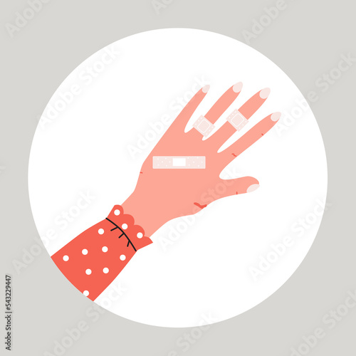 Woman hand with problem of slow healing. Symptom of diabetes. Flat vector medical illustration