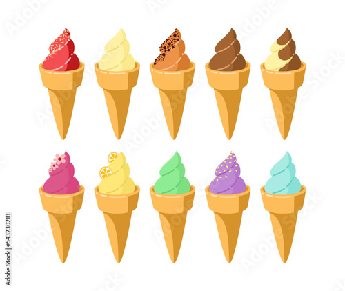 Ice cream cones with colorful toppings vector illustrations set. Collection of drawings of ice creams with chocolate, lemon, vanilla flavors isolated on white background. Summer, dessert, food concept