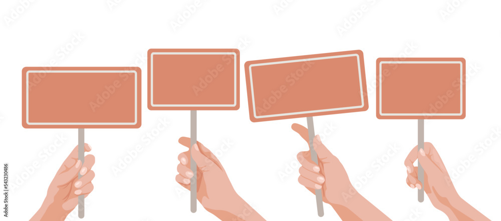 Hands of people holding placards vector illustrations set. Collection ...