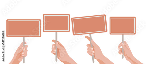 Hands of people holding placards vector illustrations set. Collection of cartoon drawings of human hands with blank or empty signs. Information, announcement, protest, advertising concept