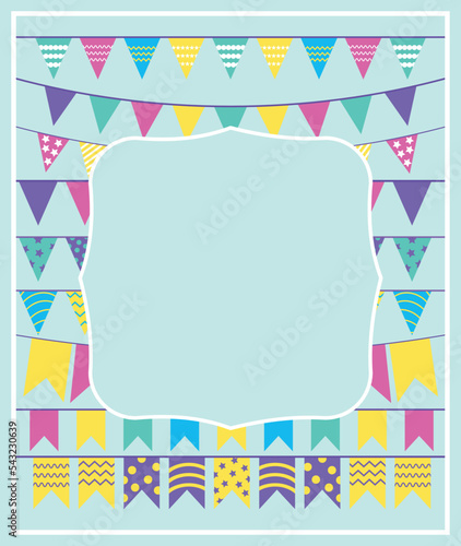holiday card with empty space in the center in flat style. birthday invitation vector with garlands on background