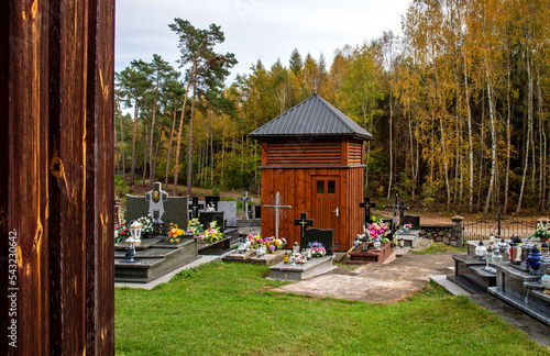Reconstructed from wood in 1850, together with the belfry, the cemetery chapel under the invocation of the Transfiguration of the Lord in Pulsze in Podlasie, Poland.