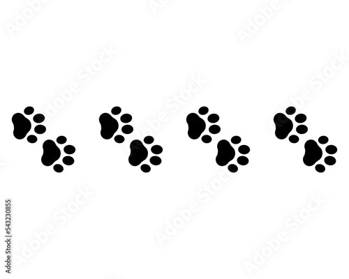 Paw for pets, dog or cat. Footprints paws. Cute animal footprint. Pattern foot pet for design prints. Black border shape steps on isolated white background. Tracing foots. Vector illustration