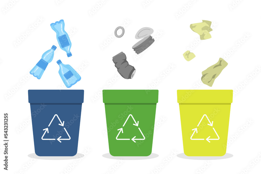Recycle bins with sorted trash vector illustrations set. Trashcans with