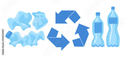 Crushed and whole plastic water bottles vector illustration. Recycle symbol between plastic containers isolated on white background. Environment, ecology, zero waste, recycling concept