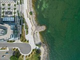 Aerial view of a stone pier and breakwater in Burlington Ontario