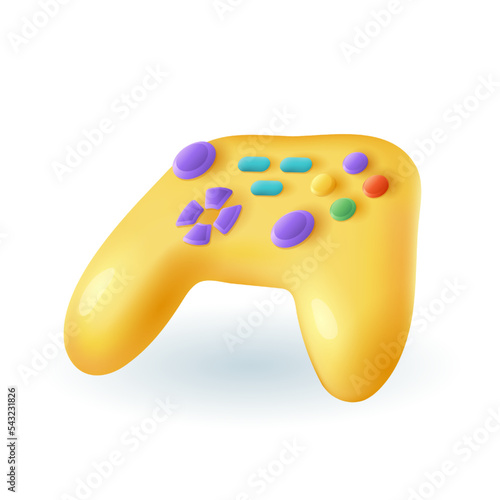 Yellow wireless game controller 3D icon. Joystick with colorful buttons for console or computer 3D vector illustration on white background. Entertainment, leisure, gaming, technology concept