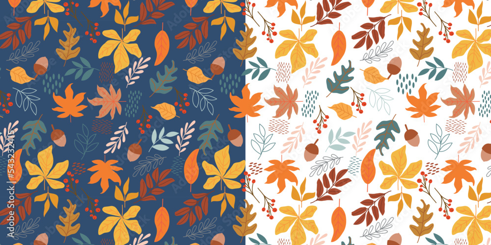 Seamless autumn pattern decorative flowers, design paper, cover, fabric, texture interior, gift wrap packaging. Orange, yellow, brown red fall forest. Wallpaper background beautiful cute trendy print