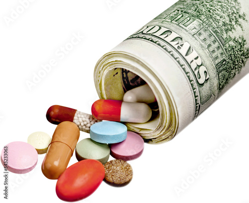 Currency medicine pill pill bottle dollar concepts aspirin photo