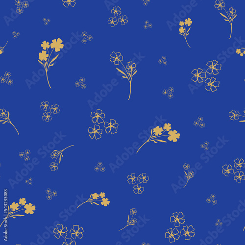 Wild meadow flower seamless vector pattern background. Scattered yellow flowers on bright blue backdrop. Line art outline silhouette botanical design. Garden floral maximalist cottagecore for summer