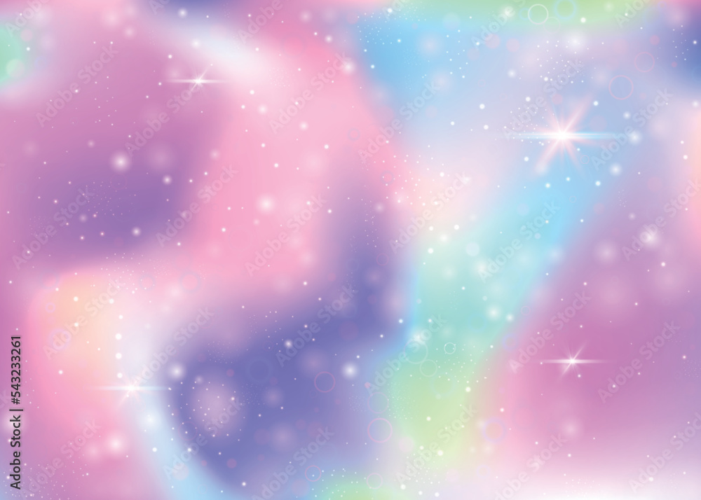 Hologram background with rainbow mesh. Multicolor universe banner in princess colors. Fantasy gradient backdrop. Hologram magic background with fairy sparkles, stars and blurs.