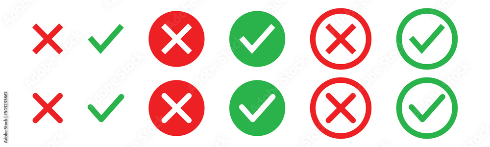Check mark and cross mark icon button set. Red and green checklist or voting sign. Tick and X icon vector. Checkmark and approval symbol illustration Check mark and cross mark icon button set. Red and green checklist or voting sign. Tick and X icon vector. Checkmark and approval symbol illustration
