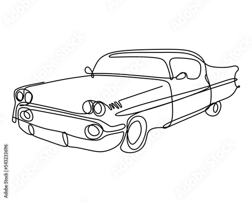 One line art. Continuous one line drawing. Old classic car on white background.