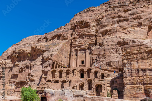 A view towards the Royal Tombs complex in the ancient city of Petra, Jordan in summertime