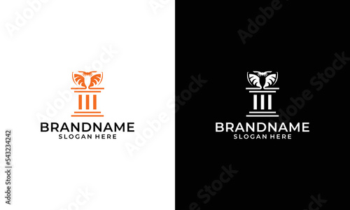 law court pillar and flat orange owl face logo icon vector template