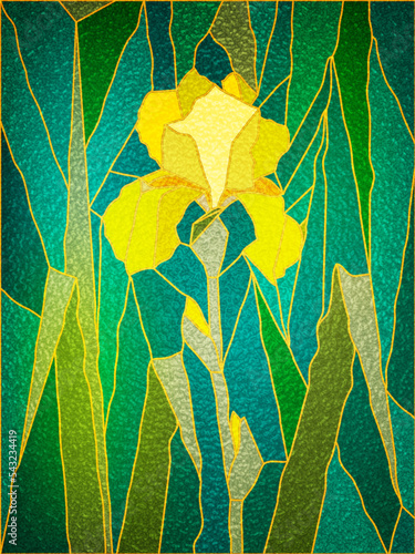 Yellow iris on a green background of leaves. Stained-glass composition of iris flower and leaves. Stained glass window for interior design. Tiffany stained glass. Leaded pane.
